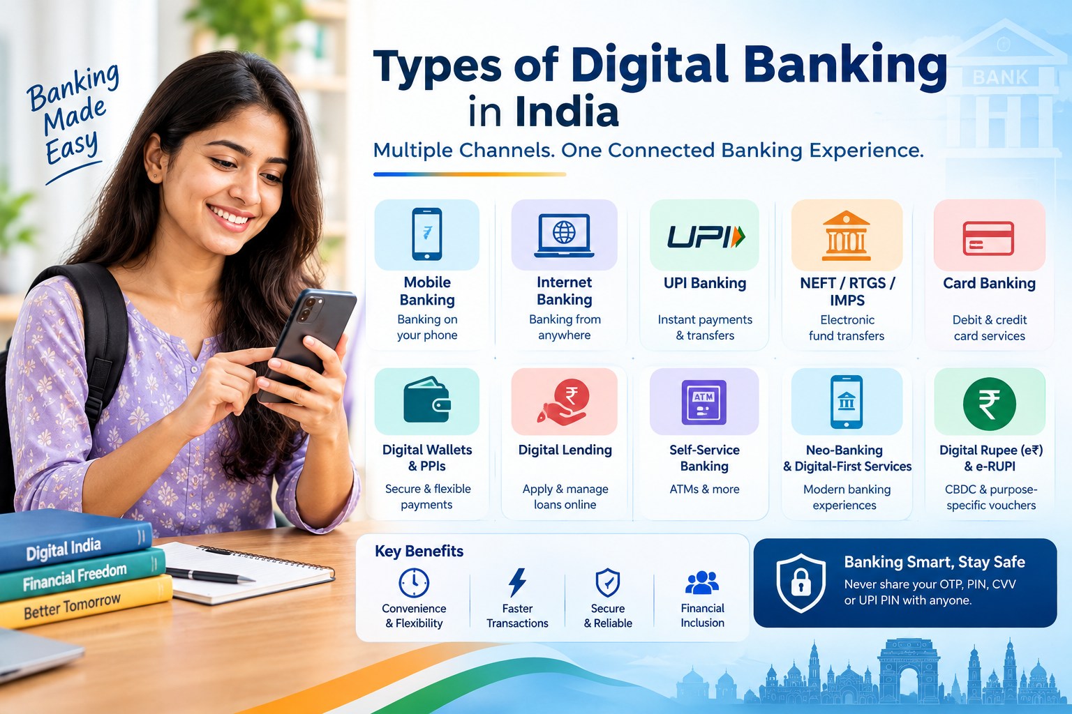Types of digital banking in India infographic showing mobile banking, internet banking, UPI, NEFT, RTGS, IMPS, card banking, digital wallets, digital lending, self-service banking, neo-banking, Digital Rupee and e-RUPI.